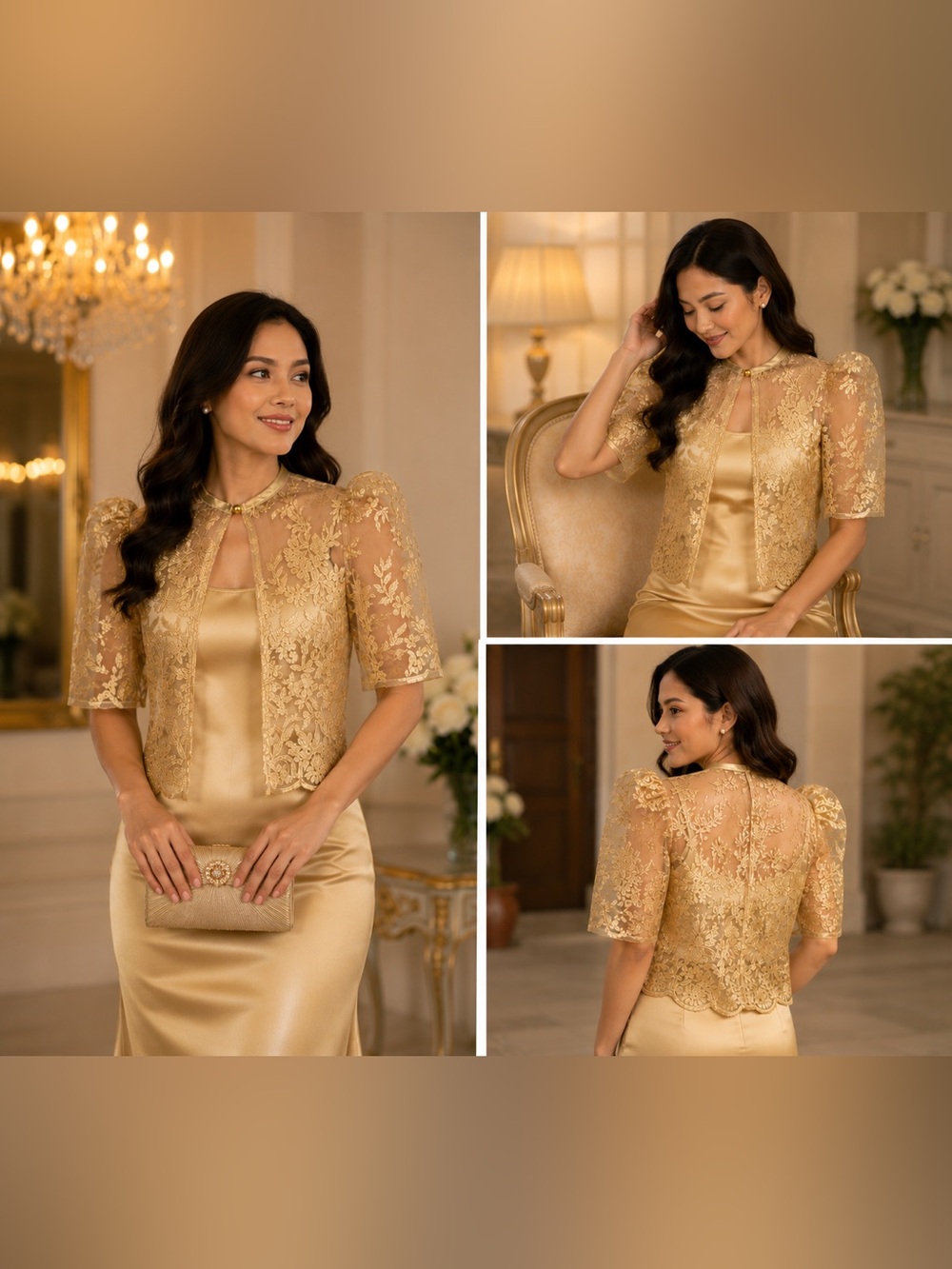 Filipiniana Gold Lace Sheer Bolero Top - Elegant Overlay Jacket